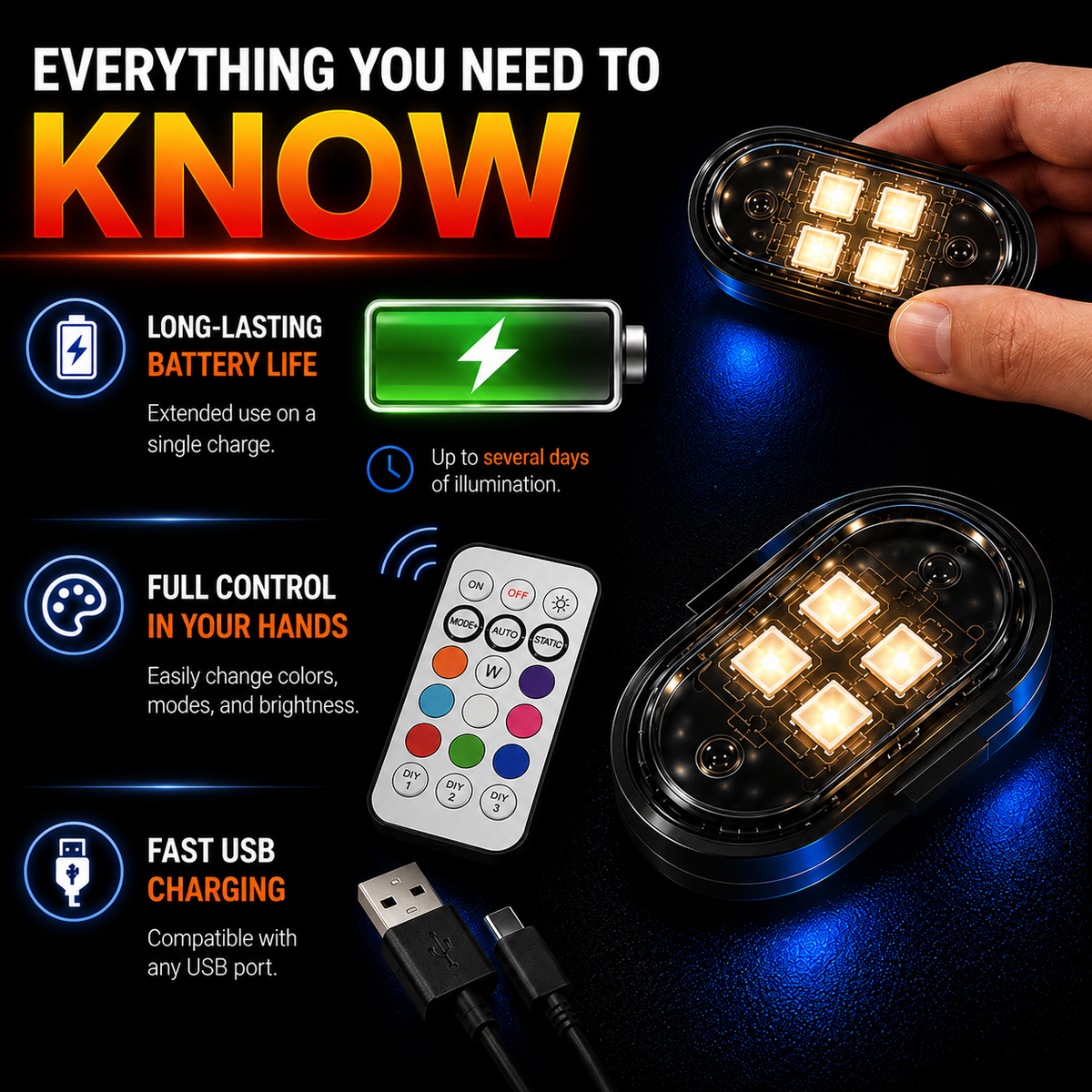 SparkCabin battery life, remote control, and USB charging features